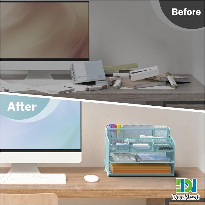 Docnest 3 Tier Mesh Desk Organizer with Letter Tray & Paper Sorter, Blue | Features 3 built-in pen holders & 5 adjustable compartments on top. Includes 4 non-slip rubber feet for desk protection