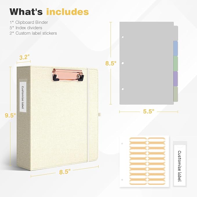 Ospelelf Mini 3 Ring Binder 5.5 x 8.5, 2 inch Round Ring Clipboard Binders Dividers with Tabs, Linen Small Binder Organizer for Office, Beige