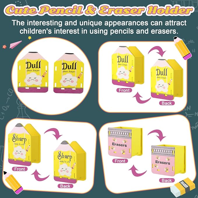 3 Pcs Pencil Shaped Holder Eraser Storage Bucket Wooden Sharp and Dull Holder Cute Wood Pencil Dispenser for Back to School Classroom Students Teachers Office Desk Organization Accessories