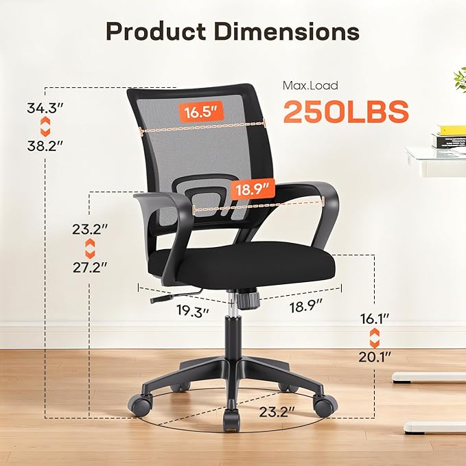 BestOffice Ergonomic Office Chair | Mid-Back Swivel Desk Chair | Dark Black | with Lumbar Support, Adjustable Height & Breathable Backrest | Sponge Seat & Rolling Wheels | for Home, Office | Pack of 1