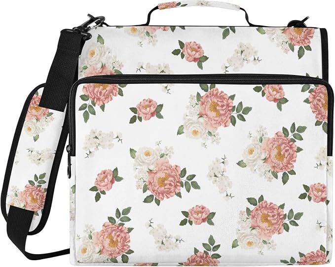 Floral Flowers Zipper Binder File Organizer Bag 3 D-Ring | with Shoulder Strap, Holds 500 Sheets & 14in Laptop, 3 Ring Binder for Office Supplies