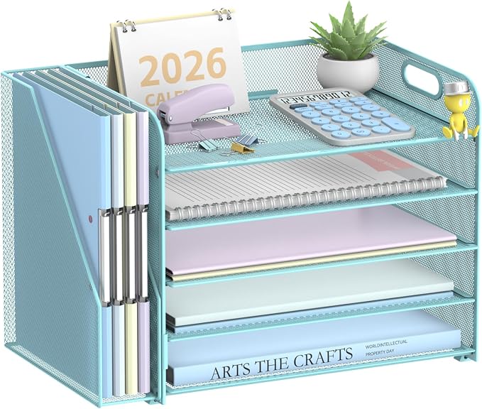 5-Tier Desk Organizer with File Holder, Paper Organizer for Desk, Blue | 5 Letter Trays and Vertical File Holder with Metal Mesh Frame for Papers Folders Books and Mail in Office Home or School