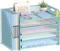 5-Tier Desk Organizer with File Holder, Paper Organizer for Desk, Blue | 5 Letter Trays and Vertical File Holder with Metal Mesh Frame for Papers Folders Books and Mail in Office Home or School