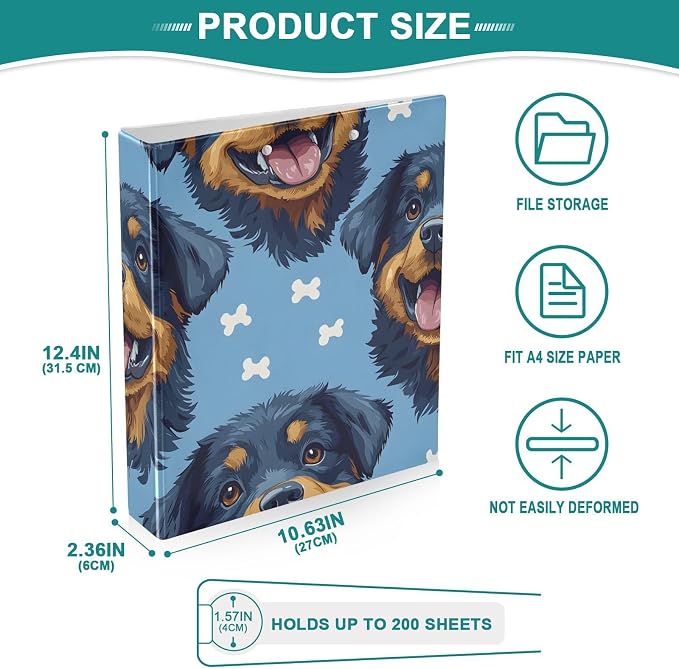 Rottweiler Bone Dog 3 Ring Binder with 2 Interior Pockets 1.5 inch Binders 3 Ring Heavy Duty Fit 8.5" x 11" Letter Size for Office School, 2 Pack
