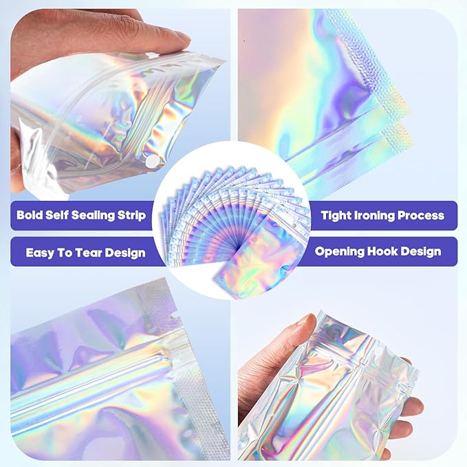 5.5x7.8 inch Holographic Packaging Bags, Resealable Foil Pouch Mylar Sample Bag Great for Small Business and Party Favor Food Storage（50 Pcs-5.5x7.8 in）Holographic Color