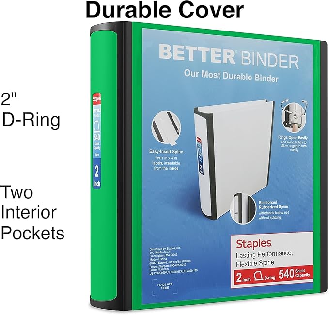 Staples Heavy-Duty 2-Inch D-Ring Binder, Green, Holds 540 Sheets | Large-capacity 3-ring binder with pockets for document storage.