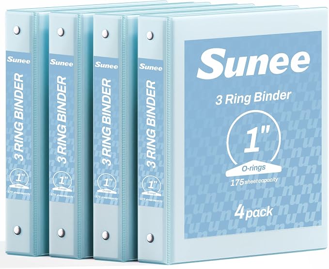 SUNEE 3 Ring Binder 1 Inch 4 Pack, Clear View 1" Binders Three Ring PVC-Free (Fit 8.5x11 Inches) for School or Office Supplies, Blue