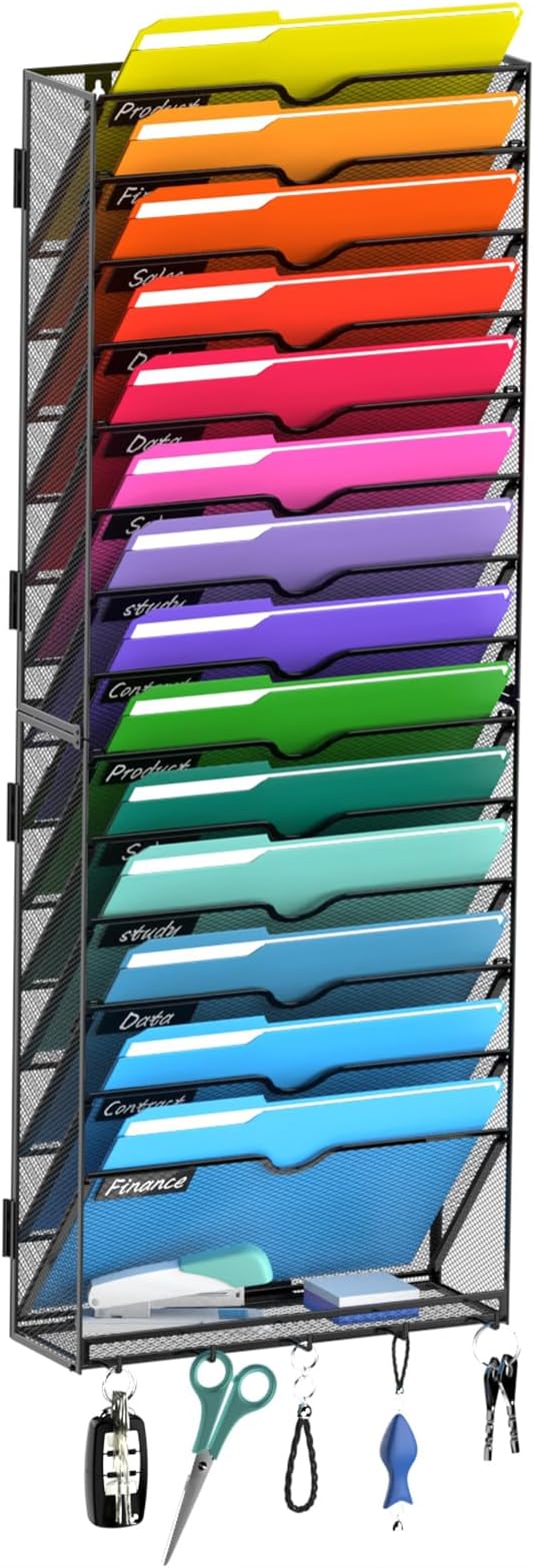 15-Tier Wall File Organizer with Hook, Hanging File Organizer Black | Wall-mounted mail storage holds papers, folders, files, clipboards and magazines, assembly required for office or home use.