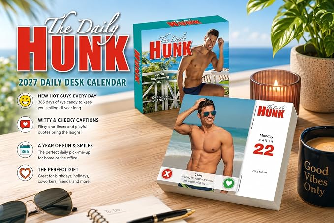 Daily Hunk 2027 Daily Desk Calendar: Boxed Page-a-Day Eye Candy Calendar with Day-to-Day Hot Guys, Sexy Smiles & Shirtless Hunks