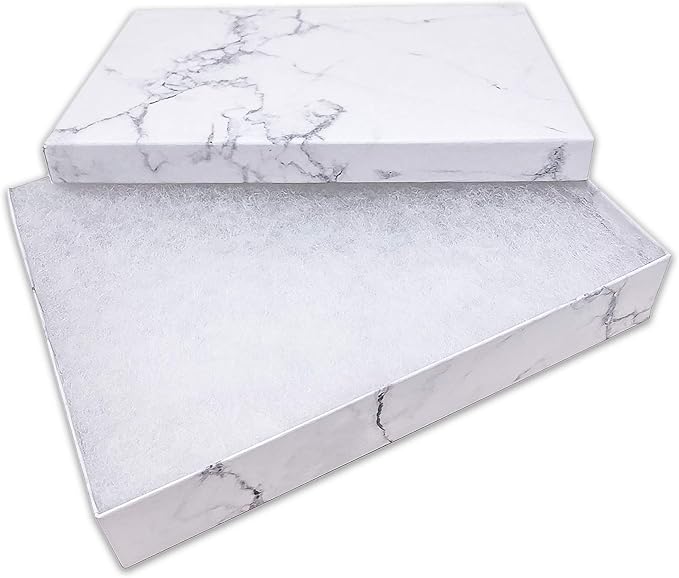 TheDisplayGuys 100 Cardboard Jewelry Gift Boxes with Inserts - Marble White | Size #75 - 7.1" x 5.2" x 1.3", Lids, Cotton Filled Padding, Kraft Paper, Bulk Pack Case, for Shipping, Organizers, Storage