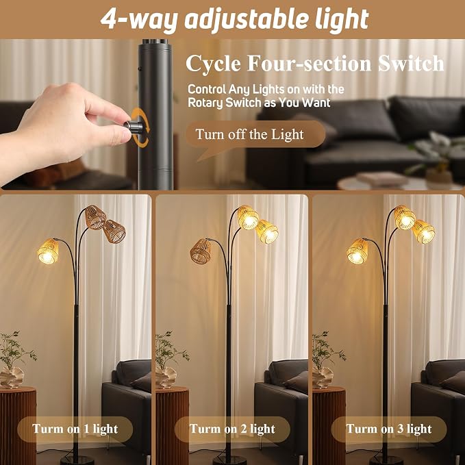 Rattan Floor Lamp for Living Room, 72'' 3-Light Boho Standing Lamp | Heavy Natural Marble Base, 1/2/3-Light Rotary Switch, Wicker Shades for Reading Corners Bedrooms