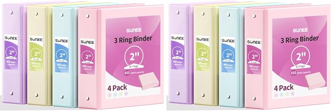 SUNEE 3 Ring Binders 2 Inch 8 Pack, Clear View Binder Three Ring PVC-Free (Fit 8.5x11 Inches) for School or Office Supplies, Assorted Pastel