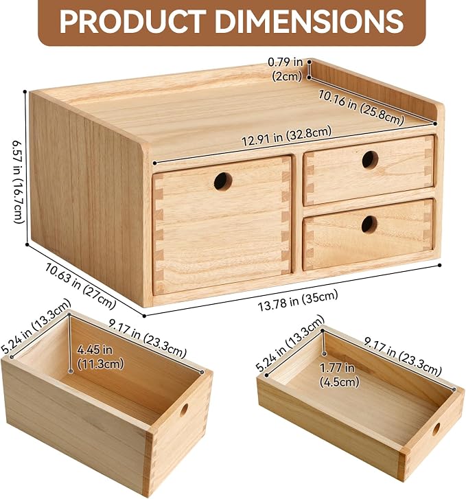 KIRIGEN Wooden Desk Organizer with 3 Drawers and Top Tray Natural DT1D3C-NA | 3-Drawer Cabinet with Top Tray Stores Office Supplies, Toiletries, Tools, Crafts, and Small Accessories on Desks or Counters