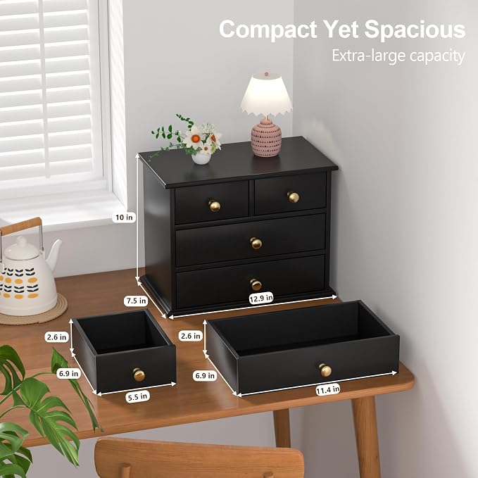 Oak Desk Organizer with Drawers, Durable Wooden Desktop Storage Box | 4 Drawer Tabletop Organizer with Metal Handles & Non-Slip Pads for Office, Bedroom, Bathroom, Vanity & Makeup Storage, Black