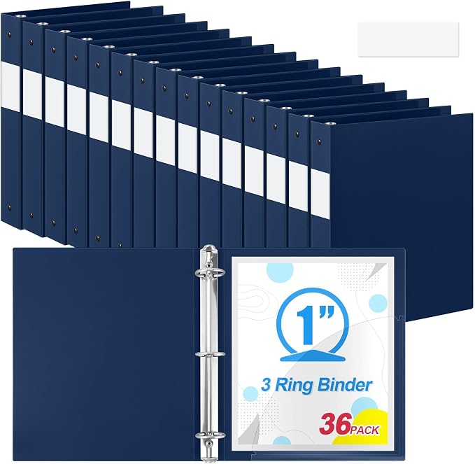 Henoyso 36 Pack 1 Inch 3 Ring Plastic Binders, Bulk Flexible PP Binders for Classroom & School Supplies, Letter Size 8.5 x 11, Holds 240 Sheets with Interior Pocket (Navy Blue)