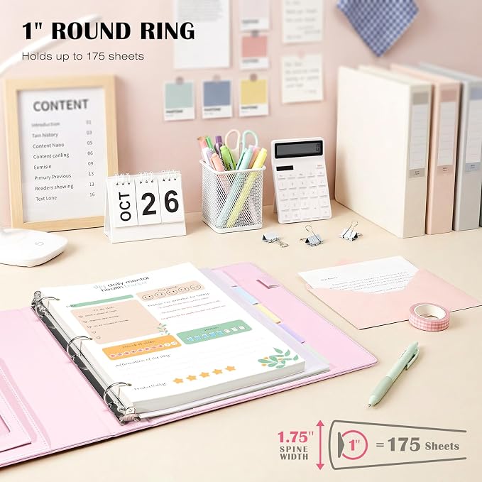 Ospelelf Leather 3 Ring Binder for Letter Size Documents with PVC Pocketed Dividers, 1 Inch Round Rings, Holds 175 Sheets, Binders with Storage Bag & Notepad, for Office School Home Organization, pink