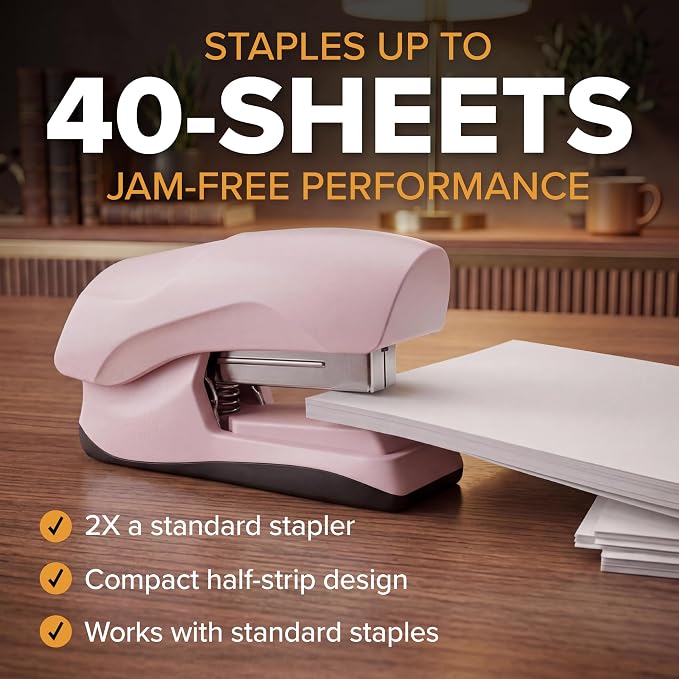Bostitch Heavy Duty Compact Stapler, 40-Sheet Capacity, No-Jam Technology, Flat Clinch Design, Half-Strip Desktop Stapler, Pink