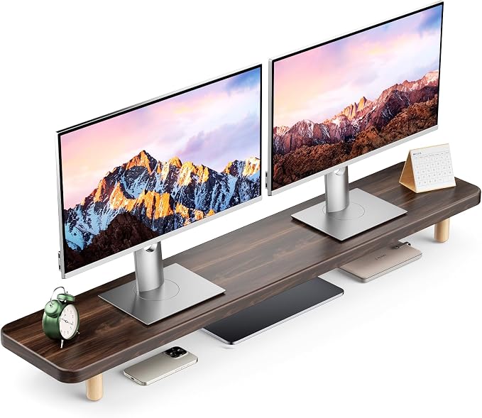 Dual Monitor Stand Riser, 39 Inch Extra Long Wooden Desktop Monitor Riser with Storage for 2 Monitors Ultra Strong Desk Shelf Organizer Riser Ergonomic for 2 Screens/Laptop/PC/TV/Printer (Dark Walnut, 39inches)