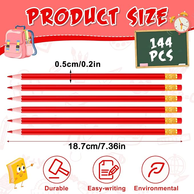 Outus 144 Pcs Red Pencils with Eraser Pre Sharpened Red Checking Correcting Pencils Erasable HB Grading for Checking Tests Grading Map Coloring Editing Writing Drawing Back to School Office Favors