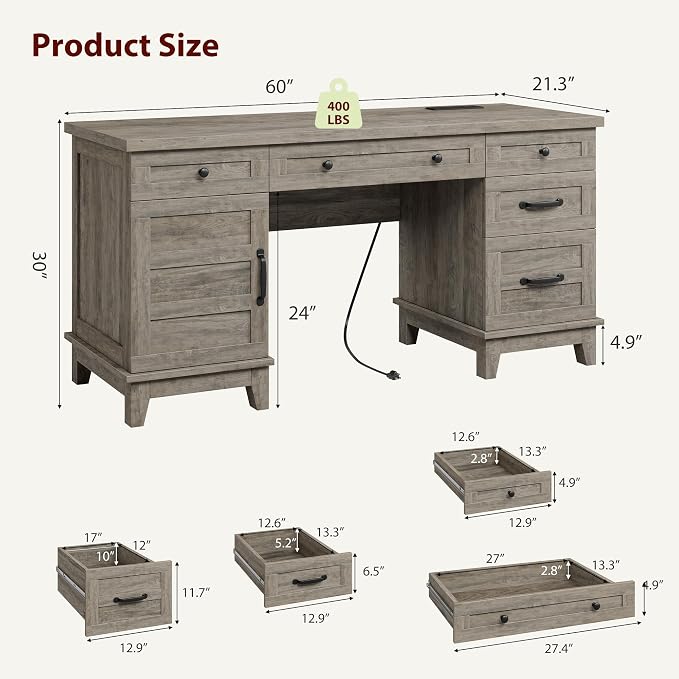 IDEALHOUSE Farmhouse Executive Desk 60 Inch, Wooden Home Office Desk with Adjustable Storage Cabinet, Built-in Charging Port, File Cabinet for Writing & Study, Elegant Workstation, Retro Gray