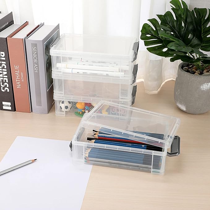 BTSKY 4 Pack Extra Large Plastic Pencil Box Stackable, Translucent, Grey | Clear Pencil Caase Crayon Box Set Marker Organizer Art Supply Storage Organizer for Gel Pens Pencils Erasers Tape Markers etc