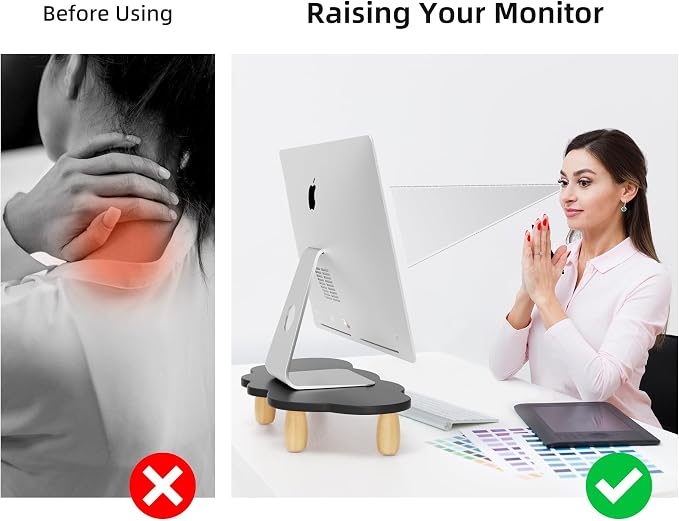 AFOOYO Monitor Stand Riser,Cloud Shape Wood Computer Monitor Stand, 16.5IN Monitor Stand Riser, Multi-Purpose Desktop Organizer Riser for Computer,Laptop,Printer,TV,Black