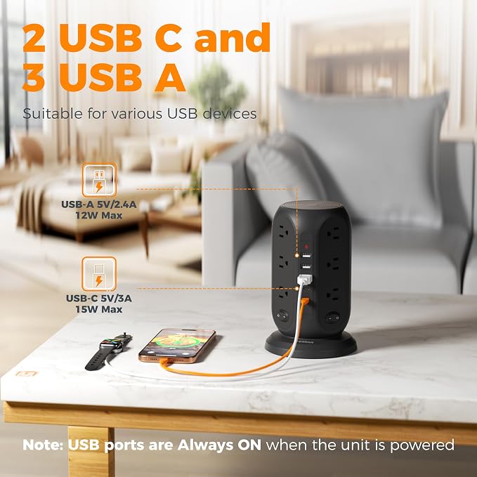 TESSAN Tower Power Strip Surge Protector, Flat Extension Cord 10 Ft,Black | Individual Switches with 12 Outlets, 5 USB Ports(2 USB C), Flat Plug, Charging Station for Multiple Devices, Office, Dorm