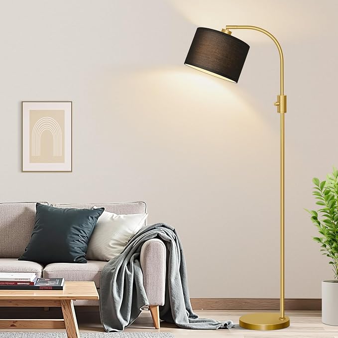 Nintiue Upgraded Modern Arc Dimmable Tall Standing Floor Lamp with Black Shade, 1200 Lumens LED Bulb Included, for Living & Reading Room, Bedroom, Office & Nursery, Gold