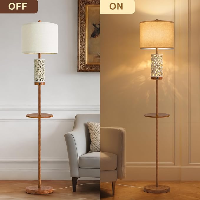 Dimmable Farmhouse Floor Lamp for Living Room, 2-in-1 Rustic Floor Lamp with Main&Night Light,Linen Shade&Dual Switches, 65" Standing Lamp for Bedroom Office Corner Dining Room, Wood Pole Lamp