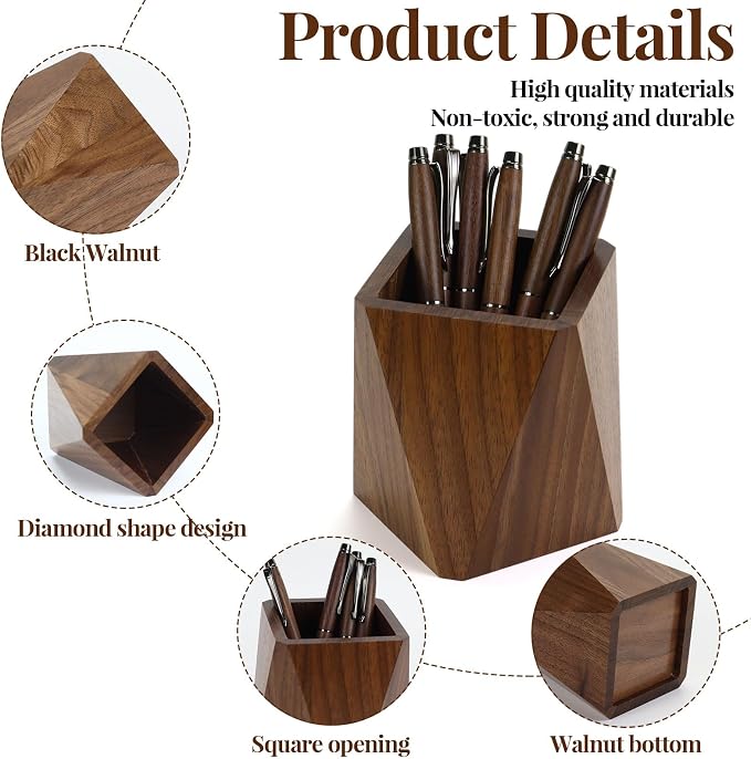 Buqoo Walnut Wood Sticky Note Holder Tape Dispenser Rhombic Pen Holder Set | 3pcs walnut wood desk accessories set with sticky note holder, tape dispenser and pen holder for an organized workspace