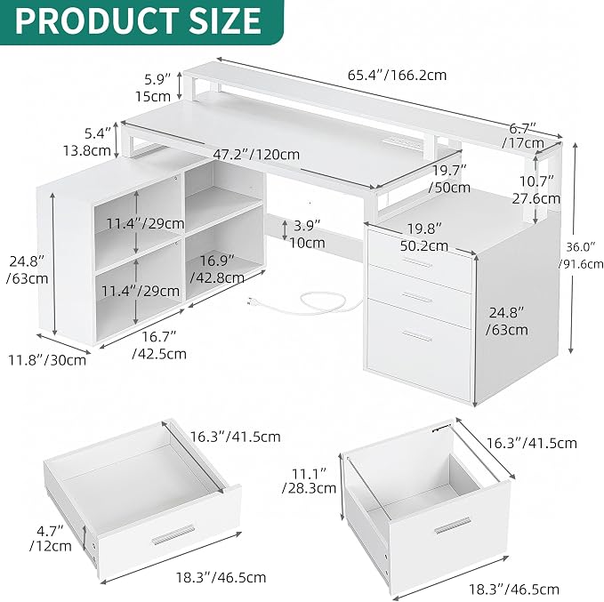 YITAHOME L Shaped Desk with 3 Drawers | 65" Corner Computer Desk with Power Outlets & LED Lights, L-Shaped Desk with File Cabinet & Printer Stand for Home Office