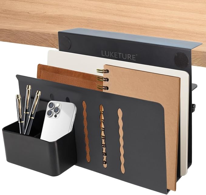 LUKETURE 2 Tier Desk Side Storage, No Drill Laptop Mount with Pen Holder | Fits Flat Edge Desks 0.3 to 2.8 Inches,Secure Grip on Wood, Glass, or Metal Surfaces Without Slipping