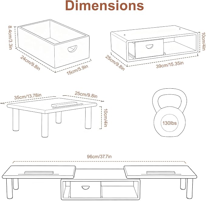 Dual Monitor Stand Riser with Drawer for Desk Laptop | Desk Shelf with Adjustable Length and Angle, Bamboo Computer Stand Riser for 2 or 3 Monitors Screen Laptop PC TV Brown