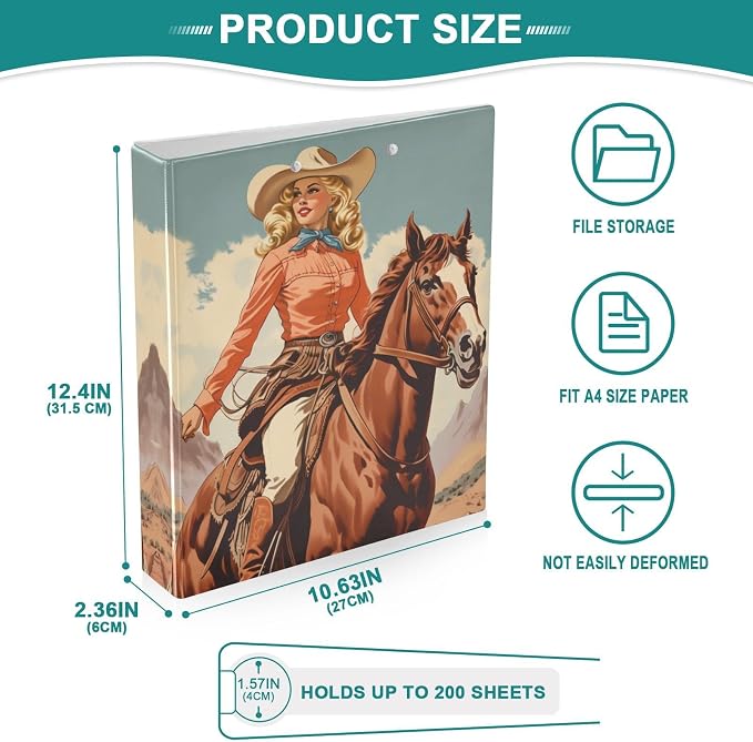 3 Ring Binder Cowgirl Cowboy Horse View 1.5" Round Ring Binders View Binder with 200 Sheet for Kids School Supplies Women Men Office, 1 Pack