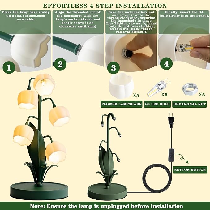 WERFOP Vintage Lily of the Valley Flower Table Lamp | 3 Color Adjustable LED Bedside Lamp, Cute Night Light for Bedroom, Living Room, Dorm Room, Office & Home Decor (Dark Green)