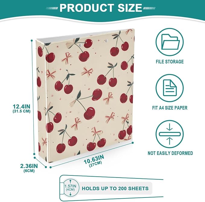 3 Ring Binder Retro Bow Cherry 1.5" Round Ring Binders View Binder with 200 Sheet for Kids School Supplies Women Men Office, 1 Pack