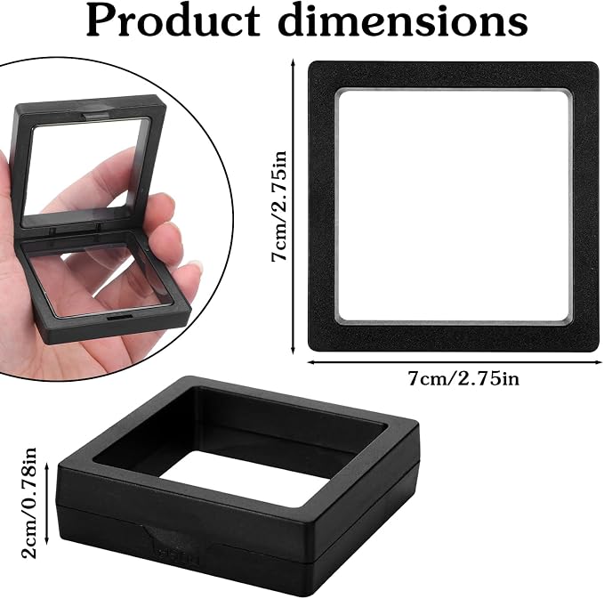 60 Pcs 3D Floating Display Case, 2.8 x 2.8 x 0.8 Inch Transparent Film 3D Floating Coin Display Frame Holder Stands for Challenge Coins, Jewelry, Shells, Gems, Rocks, Fossils, Specimen, Black