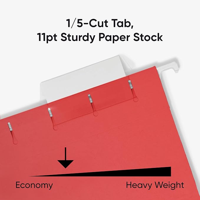 Smead Standard Hanging File Folders, 25 Count, Red, 1/5-Cut Adjustable Tabs, Letter Size (64067)