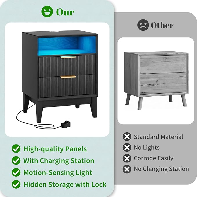 20“ W Fluted LED Nightstand with Charging Station, RFID Lock, Black | Bedside Table with Hidden Drawer, 2 Drawers, Open Cubby, Motion Sensor, USB and Type-C Ports, Night Stand for Bedroom