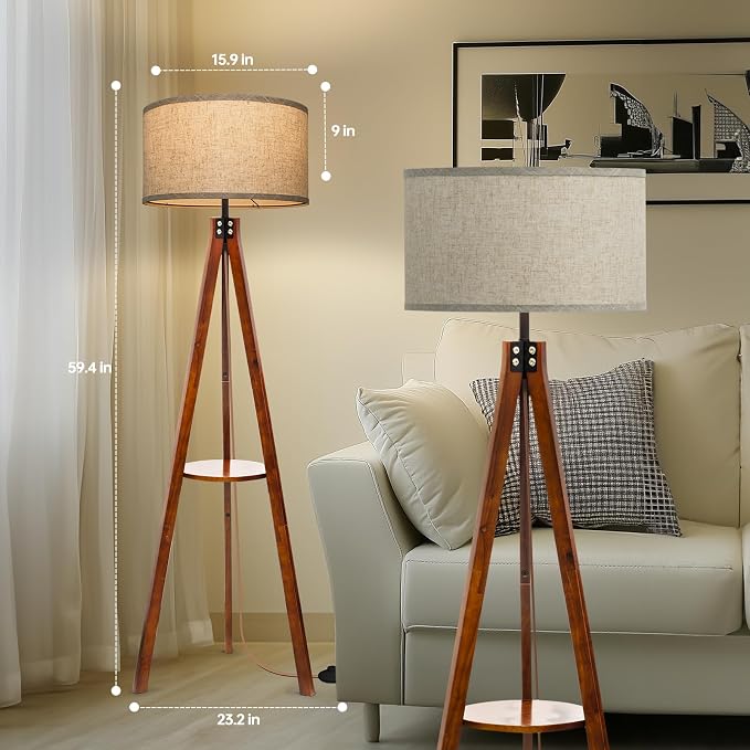 EOEYYOYB Floor Lamps with Shelf, Modern Standing Lamp with 3 Color Temperature Led Bulb, Tall Lamps with Foot Switch for Living Room Bedroom and Office, Walnut