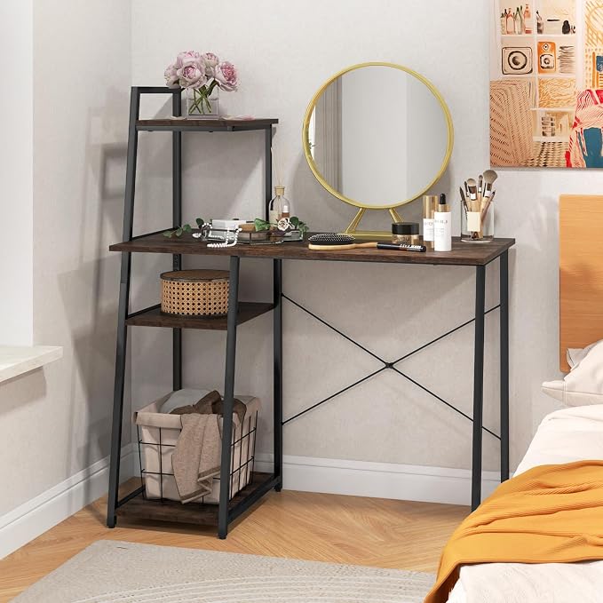 Giantex Computer Desk with Shelves, 47.5” Home Office Desk with Bookshelf, Host Stand, Metal Frame, PC Laptop Workstation, Modern Study Writing Desk for Bedroom, Small Space (Rustic Brown & Black)