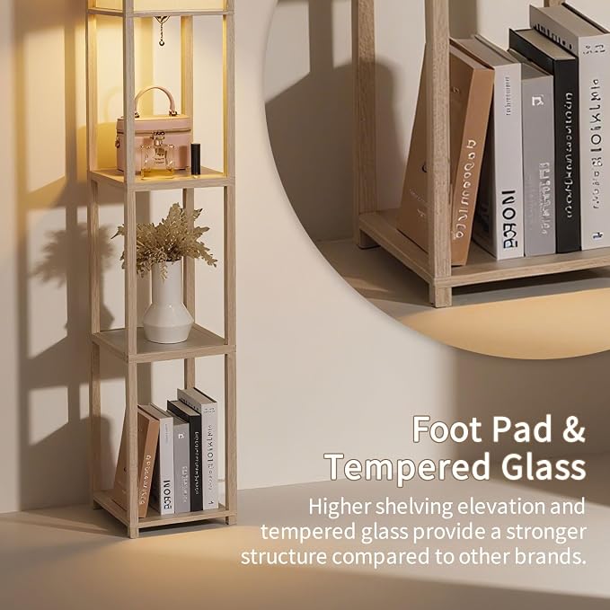 Floor Lamp with Shelves, Modern Square Standing Lamp with Glass Shelves, Corner Display Shelf with Light, Tall Lamp with Shelves for Living Room, Bedroom, Office, Bookshelf