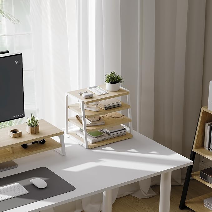 Fenge Desk Shelf Organizer, 4-Tier Tower Desktop Office Shelves, Oak | Wood and Metal Open Shelf, Corner File Organizer for Office Supplies, Top of Desk Organizers and Accessories