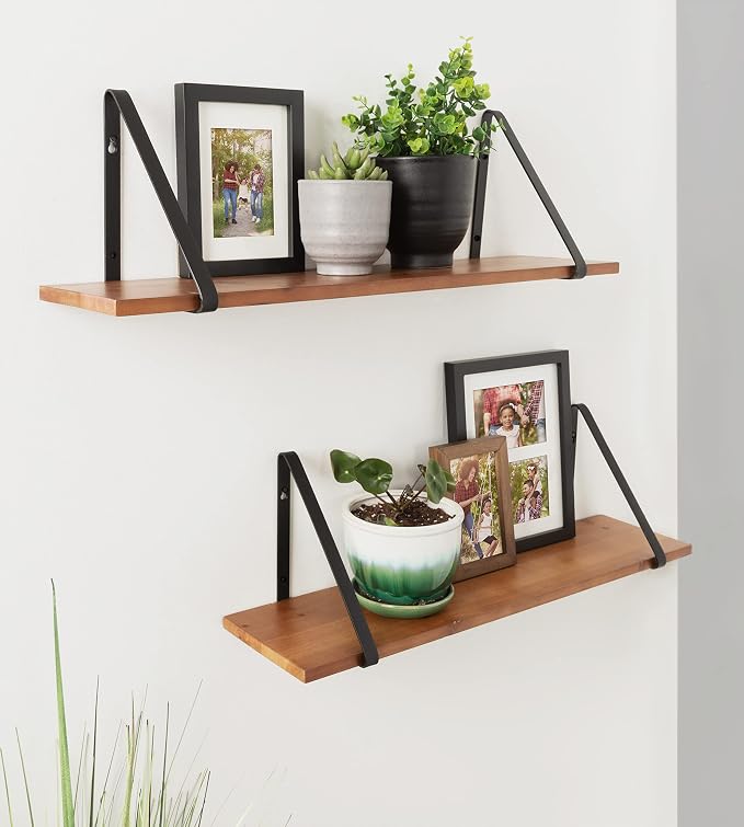 Kate and Laurel Soloman Wooden Shelves with Simple Metal Brackets, Rustic Brown and Black, 2 Piece Set