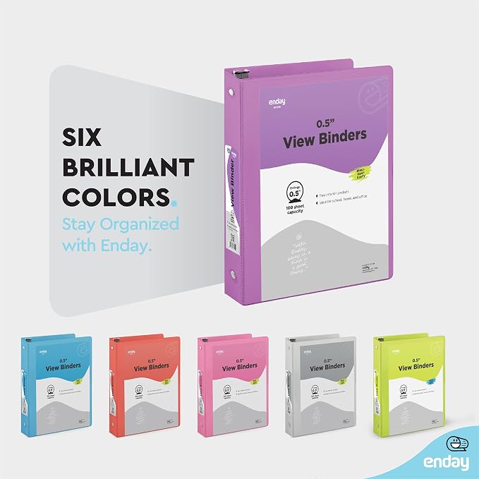 Enday 1/2 inch Binder 3 Ring Binder (6 Pack - Purple) O-Ring Binder with Clear View Cover and 2 Inside Pocket - for Letter Size 8.5 x 11'' Paper, Ideal for School Supplies, Office, and Home