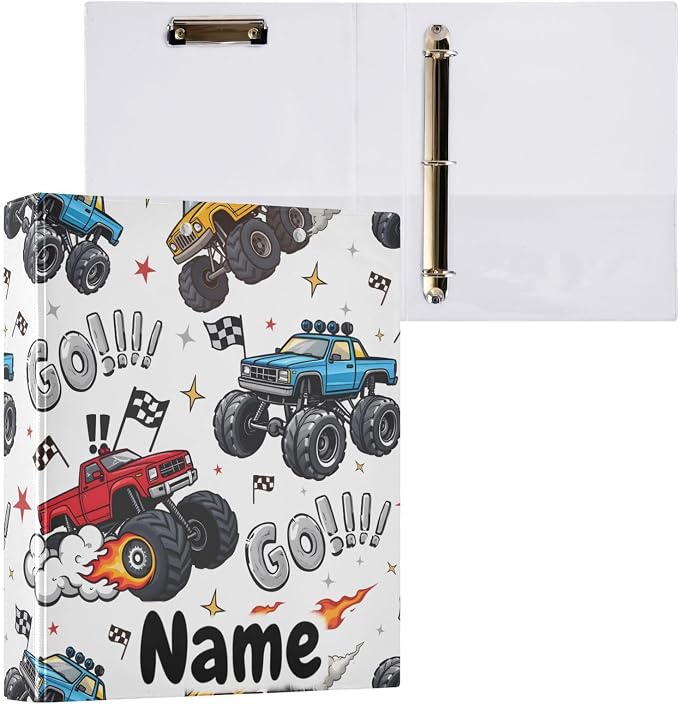 Custom 3 Ring Binder Truck Racing Car Flag 1.5" Round Ring Binders Personalized Name View Binder with 200 Sheet for Kids School Supplies Women Men Office, 1 Pack