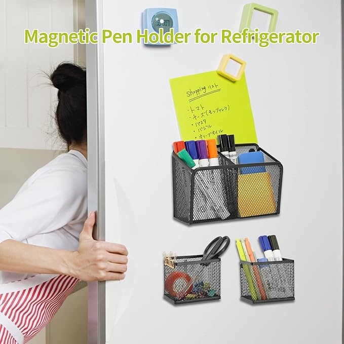 Neudeco Locker Shelf Organizer, Magnetic Pencil Holder, Metal Storage Basket for Whiteboard, Refrigerator, Ideal Cabinet for School, Black (Pack 3L)