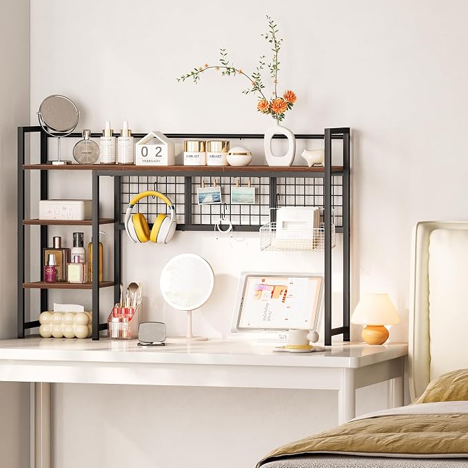 Snughome Desk Shelf, 44.9" Desktop Organizer Shelf, Desk Hutch for Computer Monitor, 4 Tier Desk Display Rack with Pegboard Hooks Set, Wood Desktop Bookshelf for Home Office Dorm