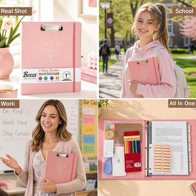 3 Ring Binder, 2 Inch Linen Binders Organizer for Letter Size (8.5" x 11") Paper with 5-Tabs Pockets Dividers, BVSSX Leather Three Ring Binders with Clipboard, Plastic Folder, Pen Loop - Pink Tulips