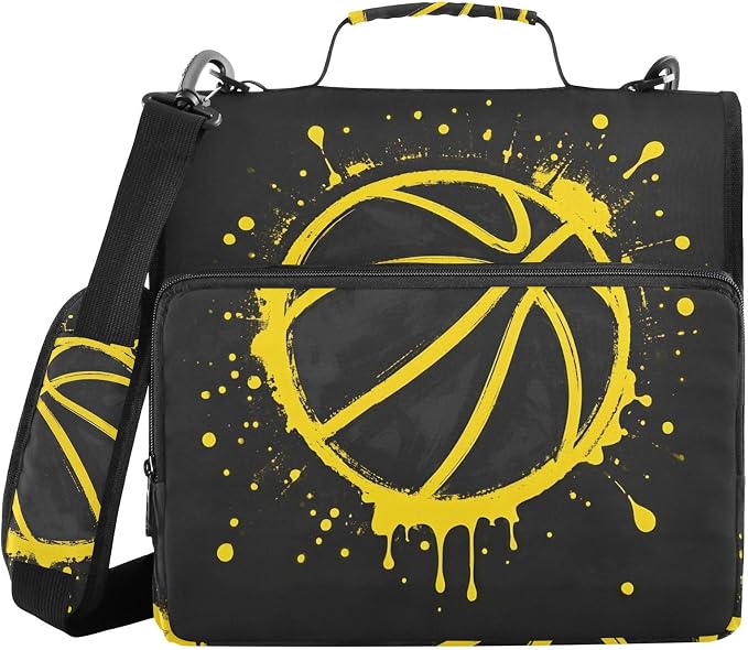 3 Ring Zipper Binder with Shoulder Strap Yellow Basketball Splash Black 1.5 inch Binders Keeper Large Capacity Multi Pockets for School Office Supplies
